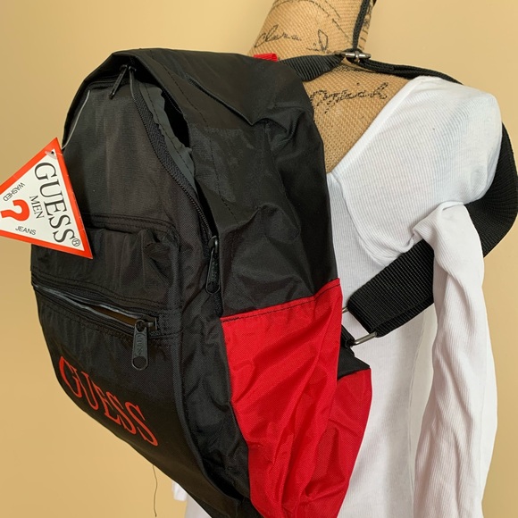 GUESS men’s Unisex Black /red 100% nylon backpack NWT - Picture 4 of 9